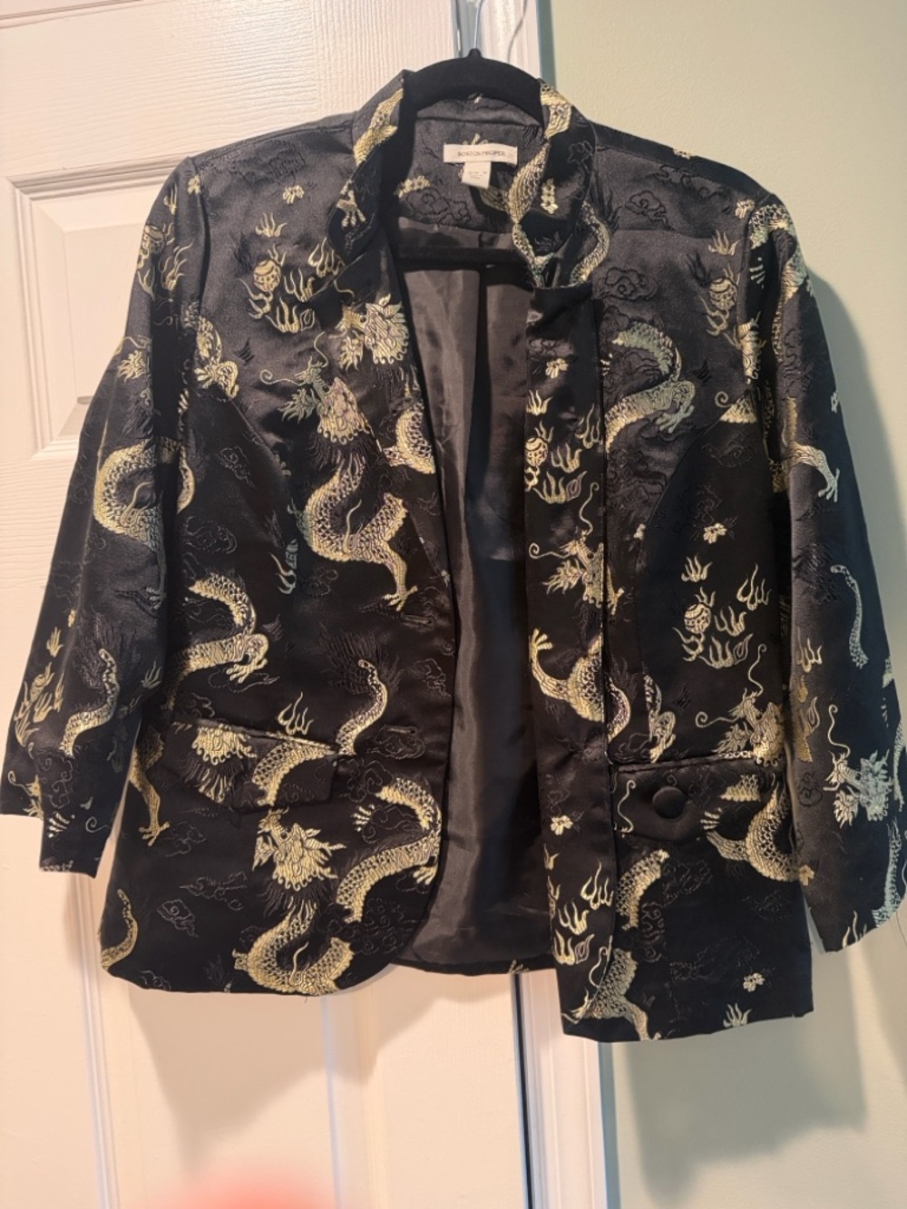Boston Proper Black & Gold Dragon Brocade Jacket